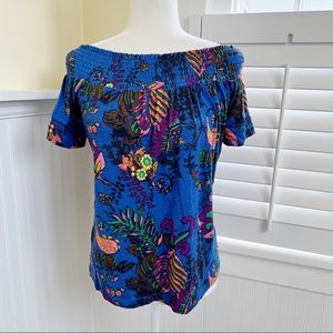 Max Jeans Blue Tropical Floral Short-Sleeve Off the Shoulder Top Size XS